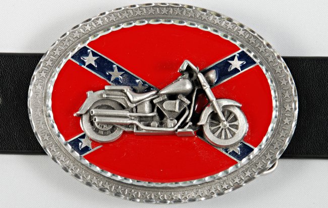 red, blue and pewter oval belt buckle with 3-D motorcycle on rebel flag