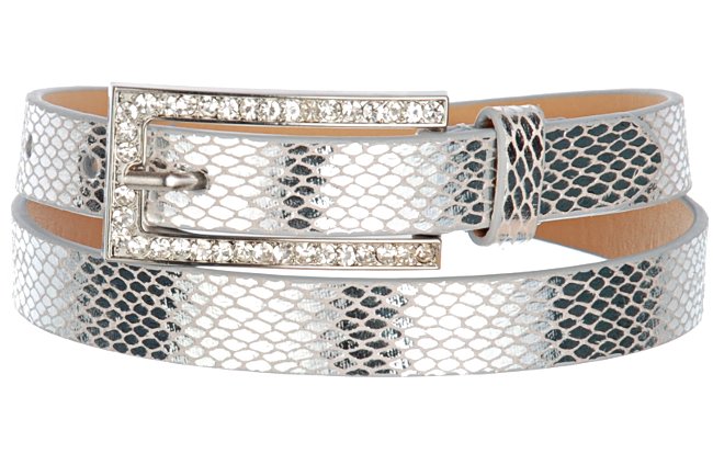 silver faux snakeskin belt with boxy rhinestone buckle