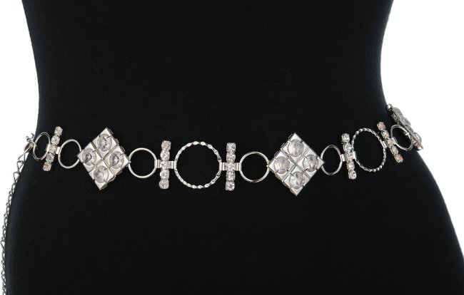 silver chain belt, four-square diamonds and five-stone bars