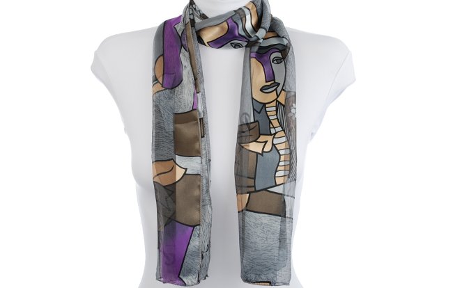 Picasso print grey satin and sheer belt scarf