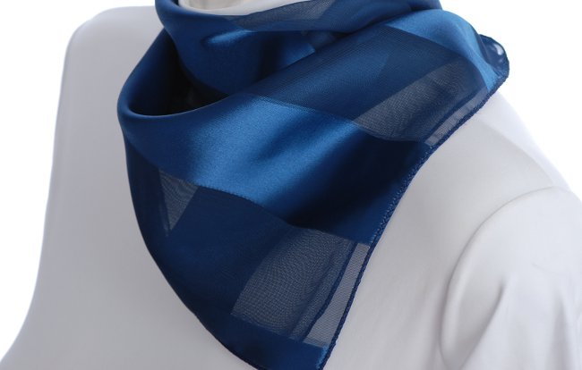 satin and sheer dark blue banded square scarf