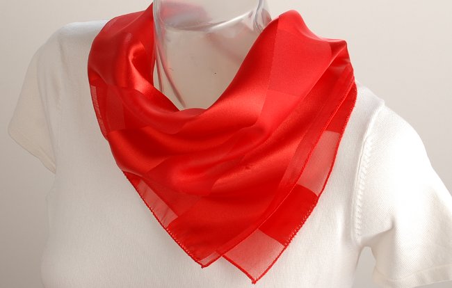 satin and sheer red banded square scarf