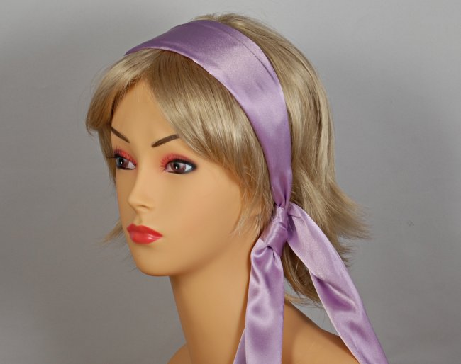 solid lavender satin headscarf attached to plastic headband