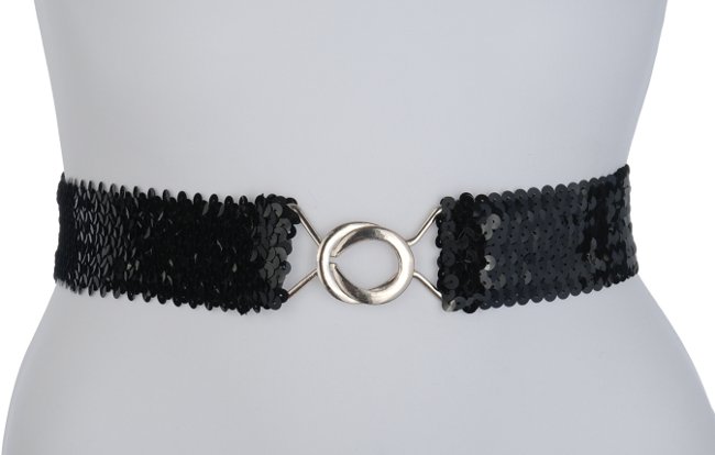 black sequin stretch belt with maxi buckle