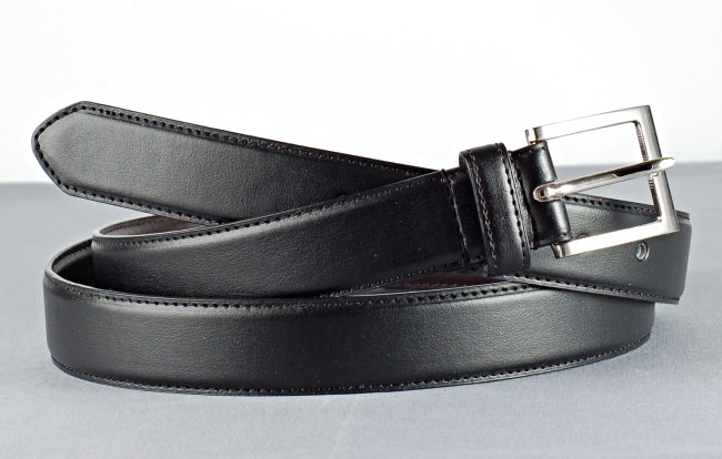 smooth low gloss black single stitch leather dress belt, rectangular, nickel polish buckle with leather keeper