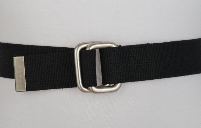 mens black cotton square-ring canvas belt with metal tip