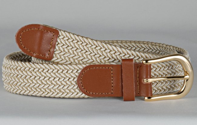 braided knitted stretch belt, each chord in braid knitted from beige and white thread, tan leather tabs and brass buckle