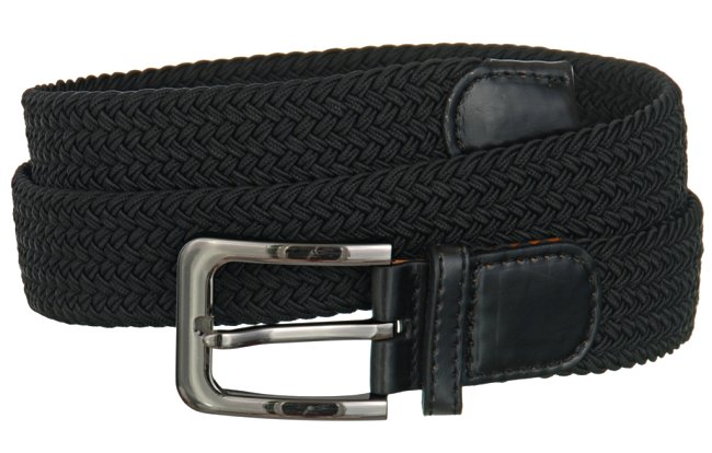 braided knitted stretch belt, black with black tabbing and gunmetal buckle