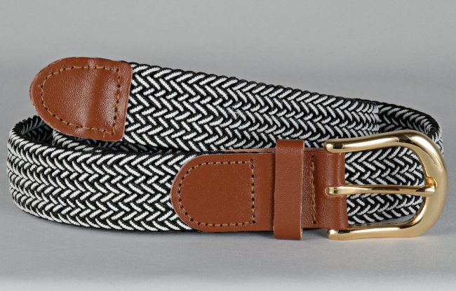 braided knitted stretch belt, each chord in braid knitted from black and white thread, tan leather tabs and brass buckle