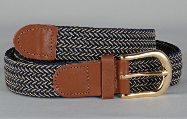 braided knitted stretch belt, each chord in braid knitted from navy blue and beige thread tan leather tabs and brass buckle