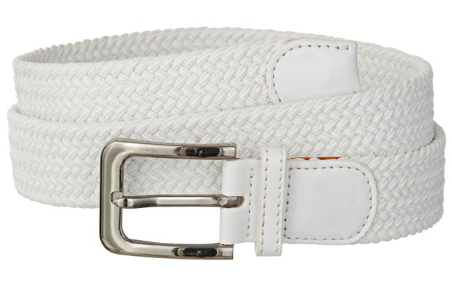 white braided stretch belt with gunmetal buckle