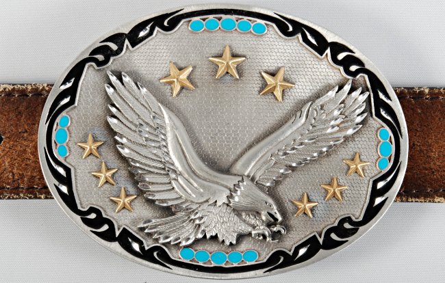 big oval western belt buckle with eagle and stars