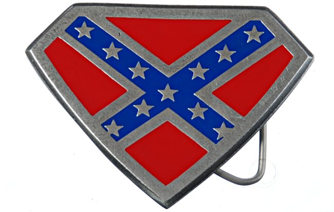 red and blue rebel flag on superman shield buckle