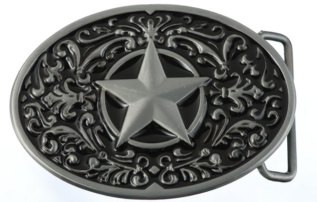 Texas star superposed on ring in oval western-style belt buckle