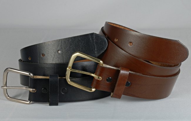pair of top-grain oil-tanned leather belts with leather keepers and snap closures