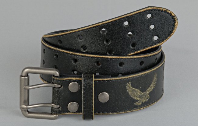 triple row punched distressed leather belt with eagle stamp