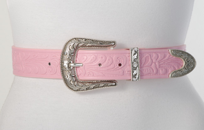 western pin buckle on pink embossed leather-look belt strap