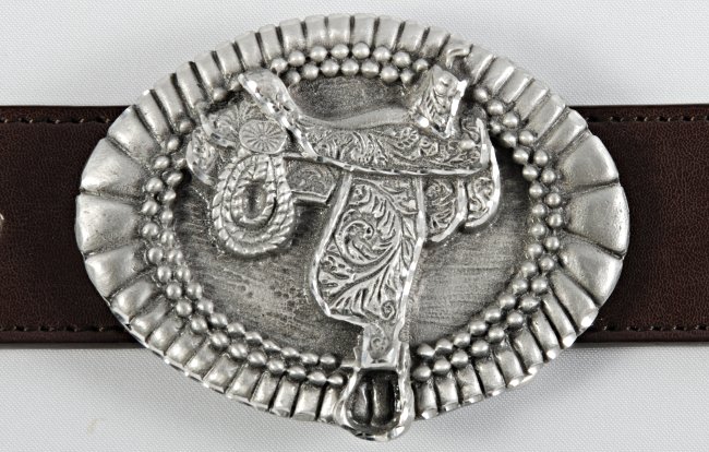 oval pewter western belt buckle with western saddle