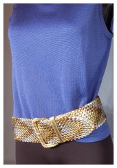 extra wide braided plastic belt with blue blouse