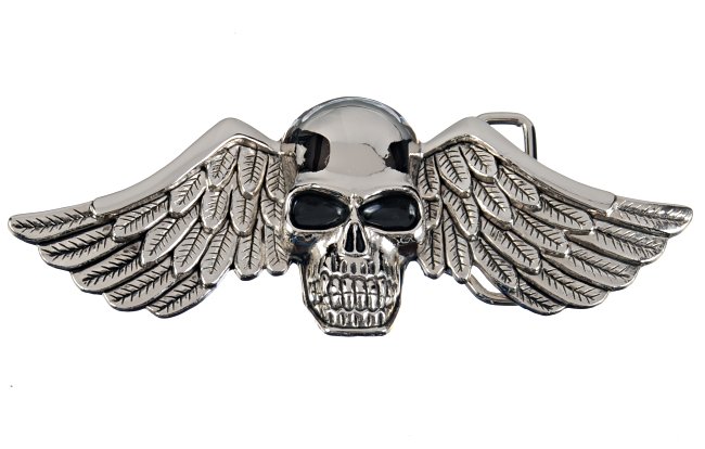 mid-size chrome skull and wings belt buckle