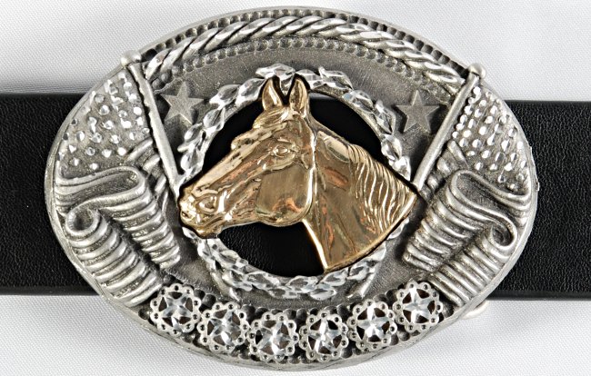 gold and pewter oval horse in winners circle belt buckle