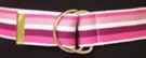 1-1/2" wide burnished D-ring web belt, colored bands in red, pink,  mauve and white, nickel polish D-rings and tab
