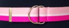 1-1/2" wide burnished D-ring web belt, two-tone pink with white center band, nickel polish D-rings and tab