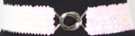 opalescent white sequin stretch belt with silvertone maxi interlocking buckle; has very light pink cast