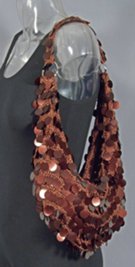 russet crochet hobo bag spangled with rows of sequin pailletes, black liner, zipper closed