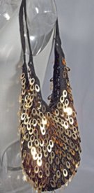 black crochet sling bag spangled with gold tear-drop sequins, sheer lining, magnetic closure