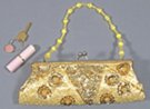 gold satin mini short shoulder bag/clutch. sequined and beaded with retractable beaded strap. satin lined with key pocket. 47" silver-tone chain included.