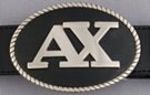 "A" and "X" on oval buckle with black vinyl inlay