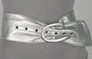 extra wide silver vinyl slouch belt with curvy "C" chrome buckle