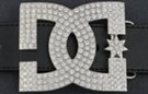 rhinestone belt buckle showing interlocking "D" and "G"