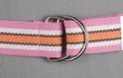 1-1/2" burnished D-ring web belt with tab, orange, pink, black and white striped