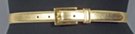 gold 3/4" polished leather dress belt, feathered edge strap and retainer, rectangular gold-tone buckle