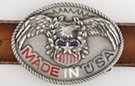 belt buckle with eagle on shield and "Made in USA" lettering