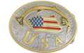 stars & stripes belt buckle, gold "USA" on confetti field