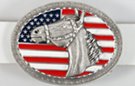 oval belt buckle, pewter horse head profile over stars and stripes