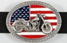 red, white, blue and pewter oval belt buckle with 3-D motorcycle on USA flag