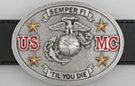 USMC oval pewter belt buckle with marine mottoes and emblem