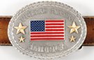 oval belt buckle with US flag, gold stars and "United States of America"