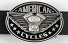American Cycles oval belt buckle with V-twin engine
