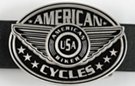 American Cycles oval biker belt buckle, medallion, wings and stars