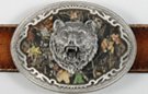 Mossy Oak trophy bear head belt buckle with forest background
