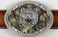 Mossy Oak trophy bear head belt buckle with forest background