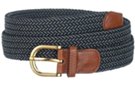 black and gray braided stretch belt with tan tabs and brass buckle