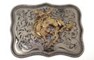 nickel and brass bustin' bronco belt buckle, swirled field and rope edge