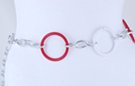 chain belt, red and white big circles alternating with triple oval silver links; alternating short smooth and long stippled twisted link extension chain with red circle at tip