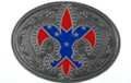 cajun style fleur-de-lis western belt buckle in red and blue